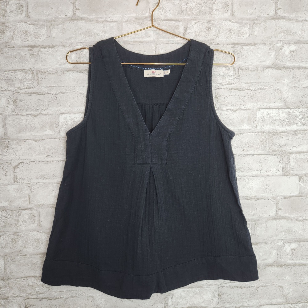 Vineyard Vines Sleeveless Top Navy V-Neck Pleated Coastal Classic Size S